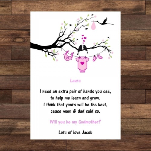 Personalised Godparent Request card - Pink Clothes Washing Line
